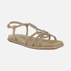 Sandalias planas en ante beige con cobertura de strass