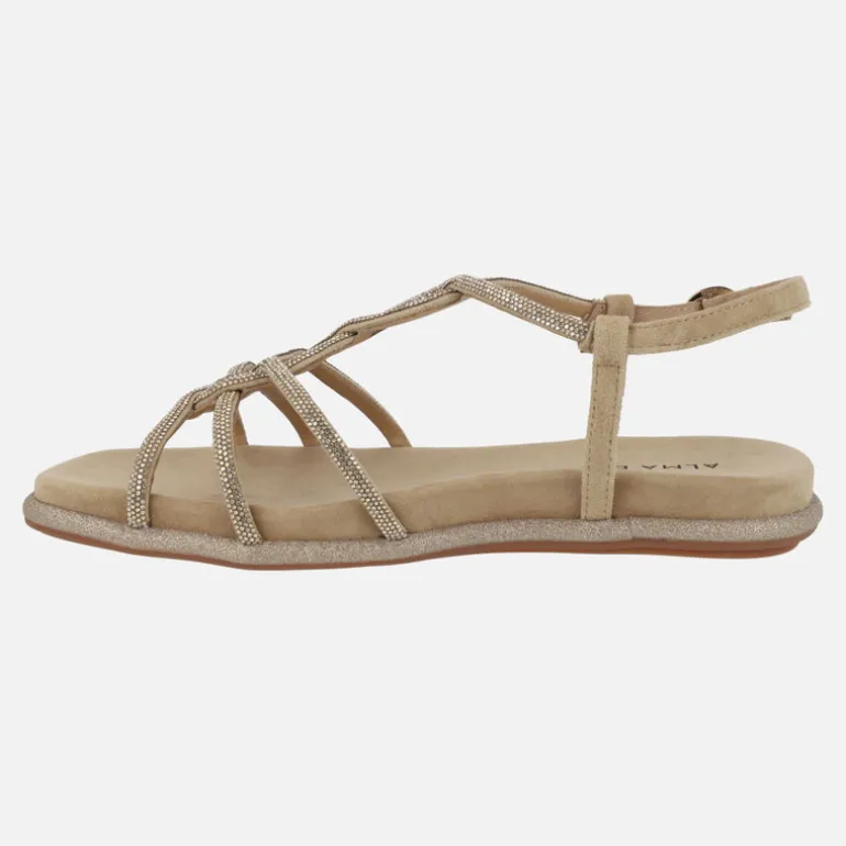 Sandalias planas en ante beige con cobertura de strass