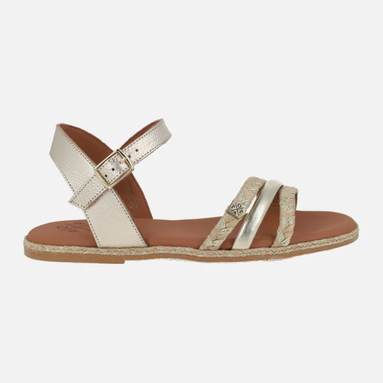Sandalias planas en piel y yute Ancon cuerda laminado oro