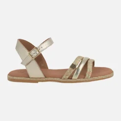 Sandalias planas en piel y yute Ancon cuerda laminado oro