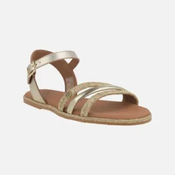 Sandalias planas en piel y yute Ancon cuerda laminado oro