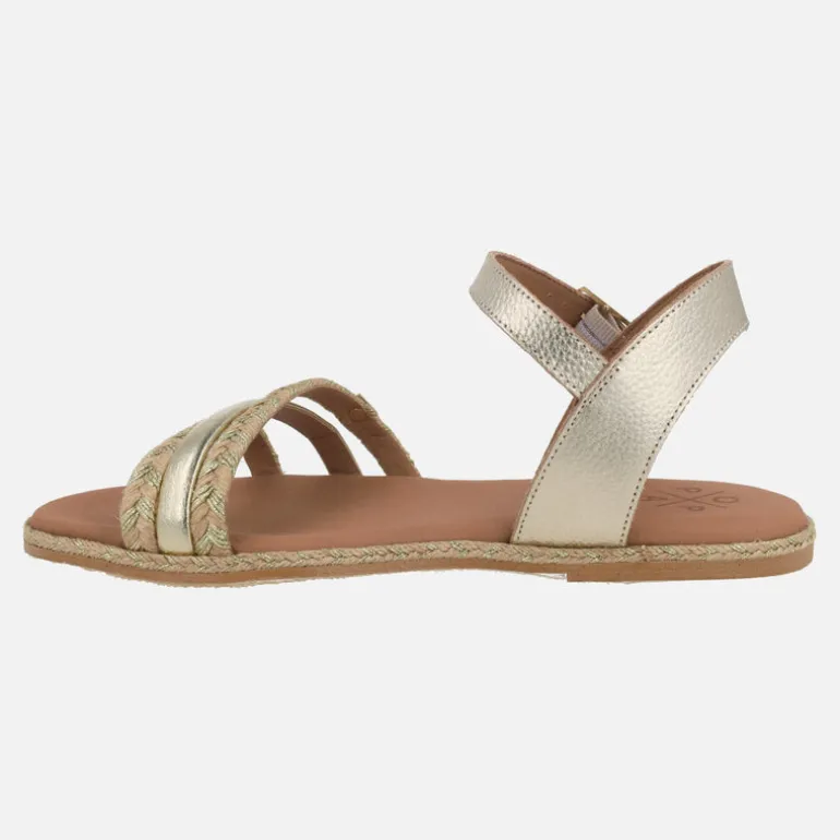 Sandalias planas en piel y yute Ancon cuerda laminado oro