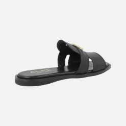 Sandalias planas estilo pala Sheila en piel negra con adorno oro