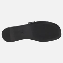 Sandalias planas estilo pala Sheila en piel negra con adorno oro