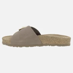 Sandalias planas Jerba en nobuck marrón con hebilla dorada