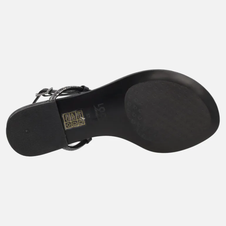 Sandalias planas negras de piel con adorno de flor y strass