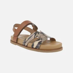 Sandalias Saro en combinado de piel marrón y print serpiente