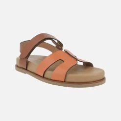 Sandalias Saro en combinado de piel marrón y naranja