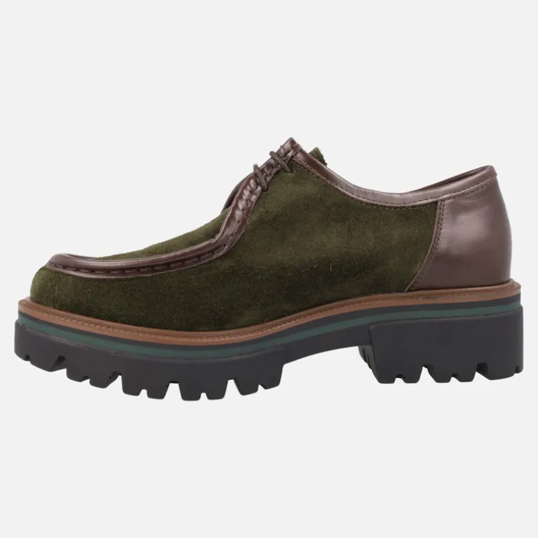 Wallabee en serraje Kaki y piel Marrón con piso de goma