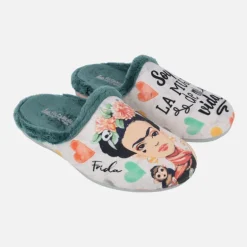Zapatillas de casa Frida Soy la mujer de mi vida en combinado verde