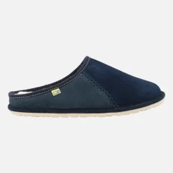 Zapatillas de casa para hombre en piel serraje azul con forro de lana