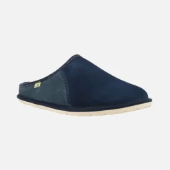 Zapatillas de casa para hombre en piel serraje azul con forro de lana