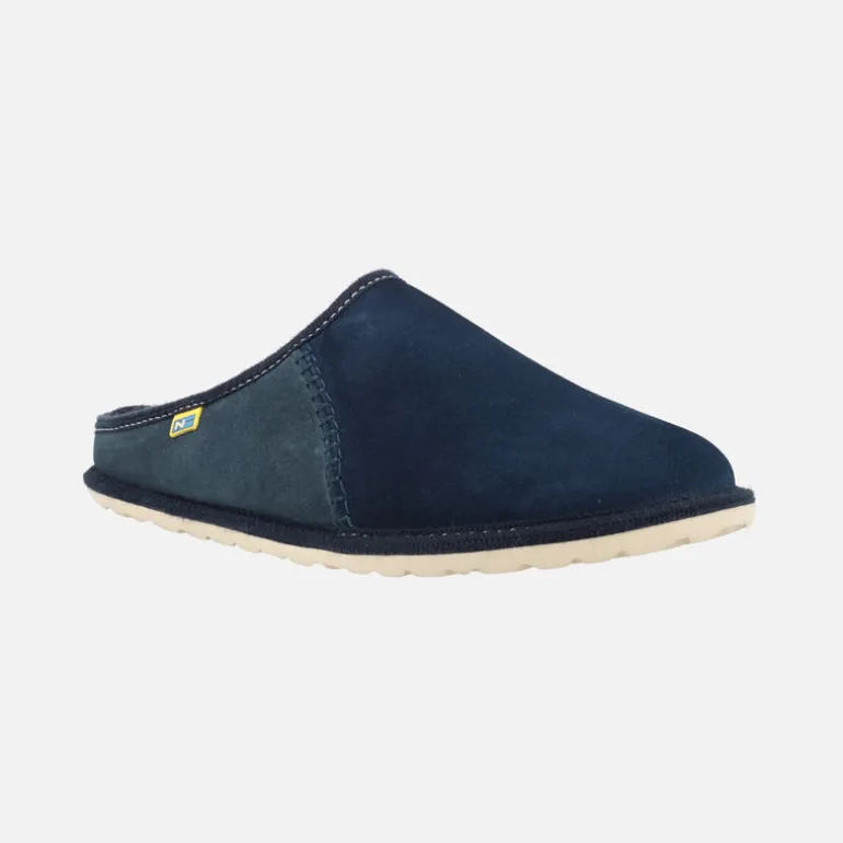 Zapatillas de casa para hombre en piel serraje azul con forro de lana