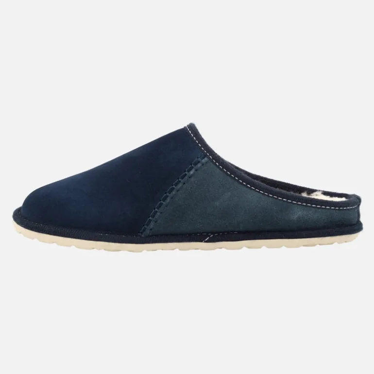 Zapatillas de casa para hombre en piel serraje azul con forro de lana
