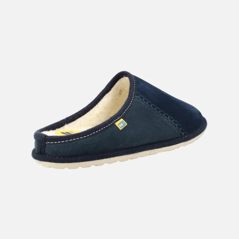 Zapatillas de casa para hombre en piel serraje azul con forro de lana