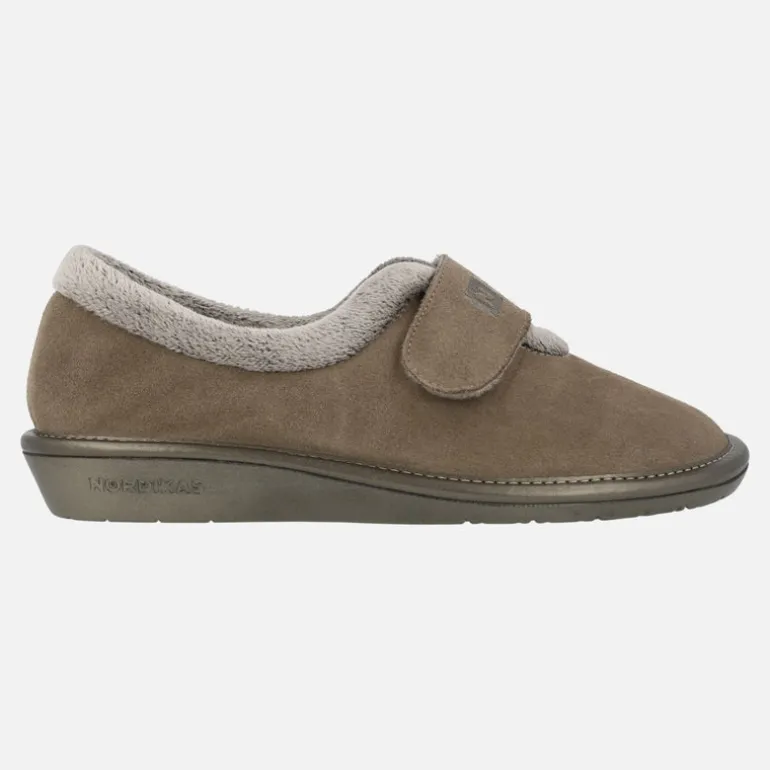 Zapatillas de casa para mujer en ante taupe con cierre de velcro