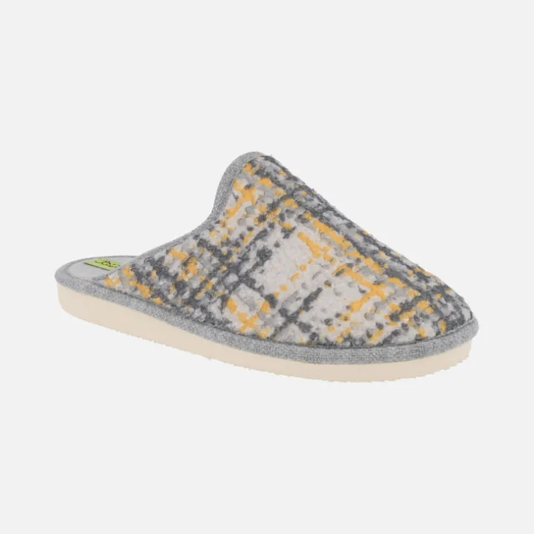 Zapatillas de casa para mujer en tejido estampado en gris y amarillo
