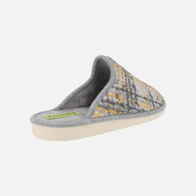 Zapatillas de casa para mujer en tejido estampado en gris y amarillo