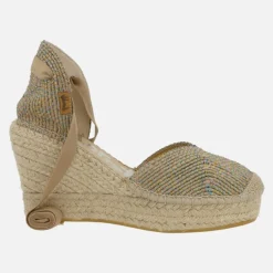 Zapatillas de cuña alta de esparto con cintas en tejido uve arena
