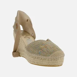 Zapatillas de cuña alta de esparto con cintas en tejido uve arena