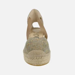 Zapatillas de cuña alta de esparto con cintas en tejido uve arena