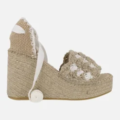 Zapatillas de esparto con cuña alta y plataforma en tejido ganchillo