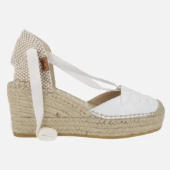 Zapatillas de esparto en piel blanca con cintas