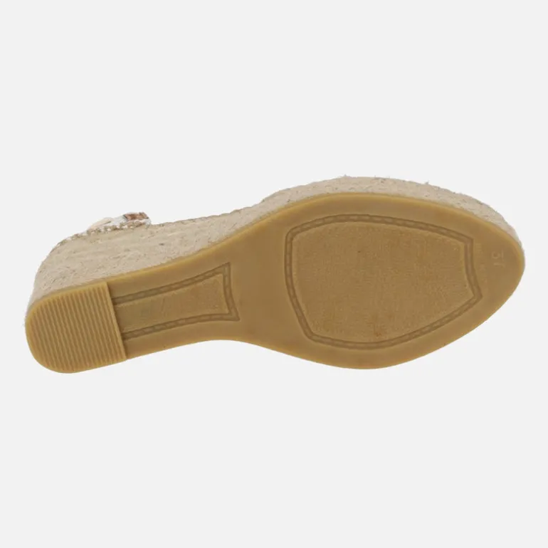 Zapatillas de esparto en rafia con adorno de cristales y cintas