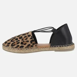 Zapatillas de esparto en piel negra y animal print leopardo con elásticos