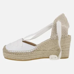 Zapatillas de esparto en piel blanca con cintas