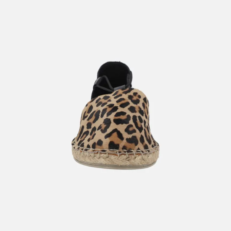 Zapatillas de esparto en piel negra y animal print leopardo con elásticos