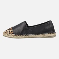 Zapatillas de esparto en piel negra con puntera en print leopardo