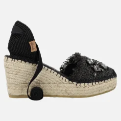 Zapatillas de esparto en rafia con adorno de cristales y cintas