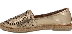 Zapatillas de piel troqueladas en metalizado oro con piso de esparto