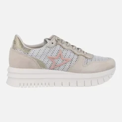 Zapatillas deportivas en combinado de piel y tejido rejilla con cordones elásticos