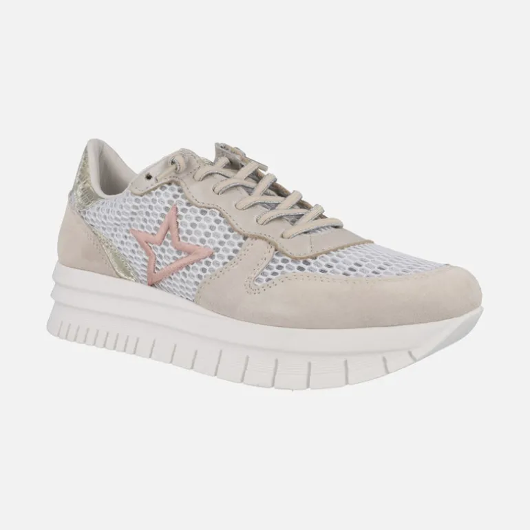 Zapatillas deportivas en combinado de piel y tejido rejilla con cordones elásticos
