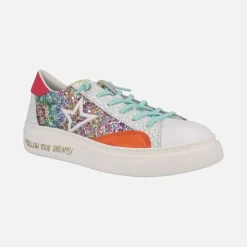 Zapatillas deportivas en combinado glitter multicolor con cordones elásticos