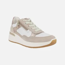 Zapatillas deportivas en combinado beige con cordones y cremallera