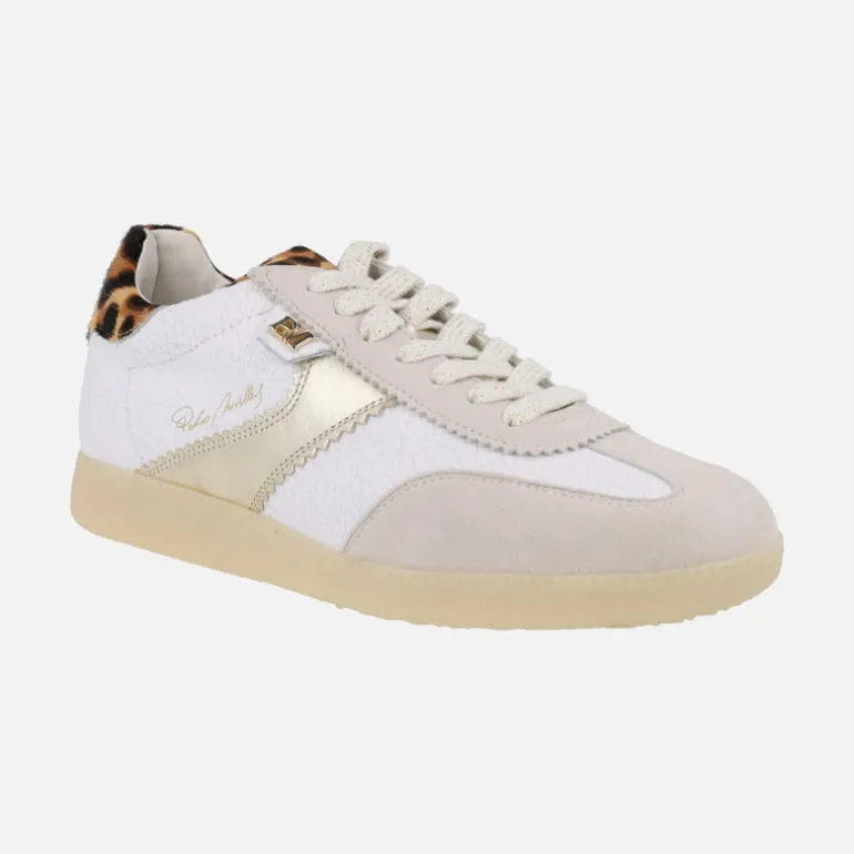 Zapatillas deportivas Indiana en piel blanca con talonera en print leopardo