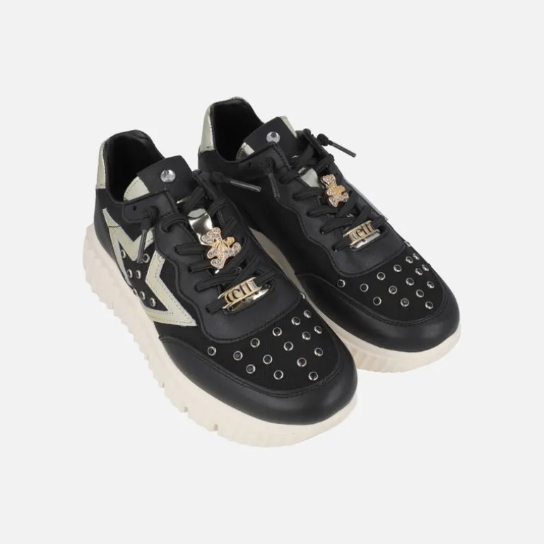 Zapatillas deportivas negras con adorno de oso dorado