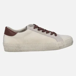 Zapatillas deportivas para mujer en pelo beige con detalles burdeos Rano