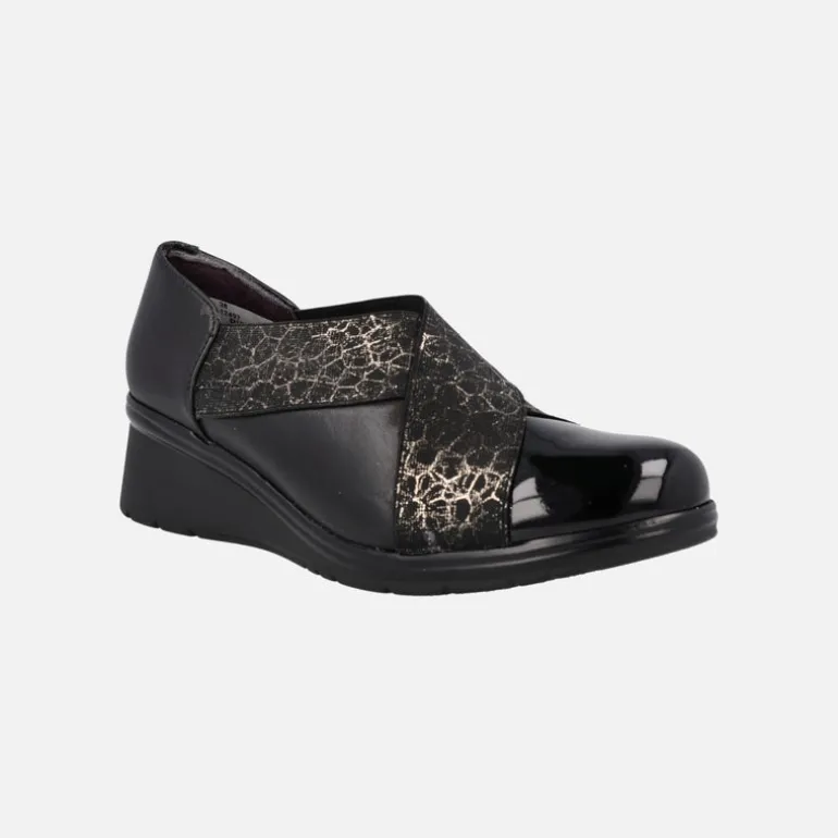 Zapatos confort en combinado negro con elásticos cruzados