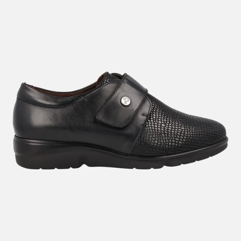 Zapatos confort para mujer en piel negra con cierre de velcro