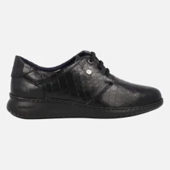 Zapatos confort para mujer en piel grabada negra con cordones