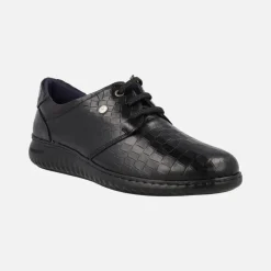 Zapatos confort para mujer en piel grabada negra con cordones