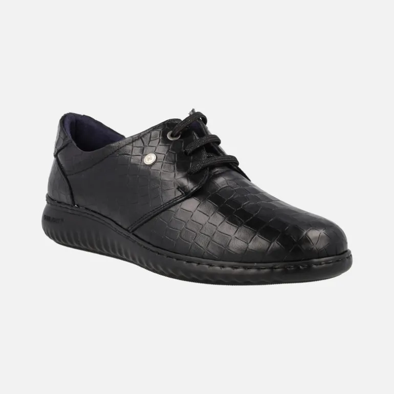 Zapatos confort para mujer en piel grabada negra con cordones