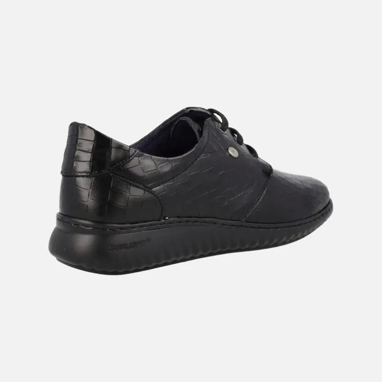 Zapatos confort para mujer en piel grabada negra con cordones