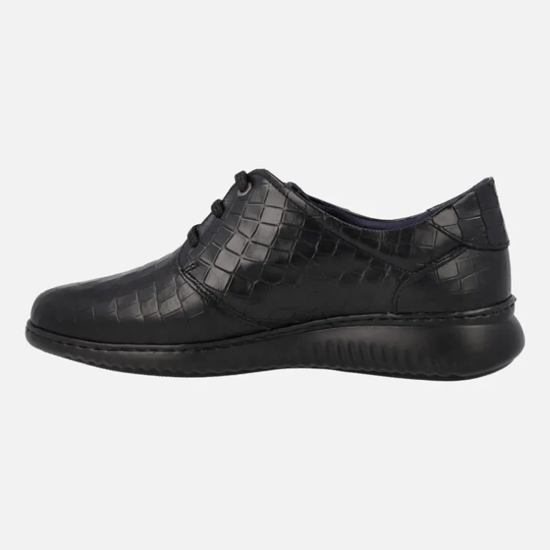 Zapatos confort para mujer en piel grabada negra con cordones