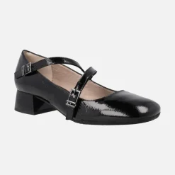 Zapatos de tacón estilo Mary jane en charol negro con puntera cuadrada