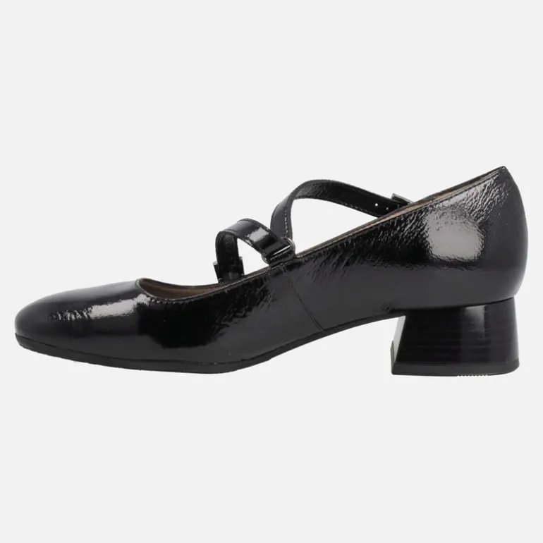 Zapatos de tacón estilo Mary jane en charol negro con puntera cuadrada